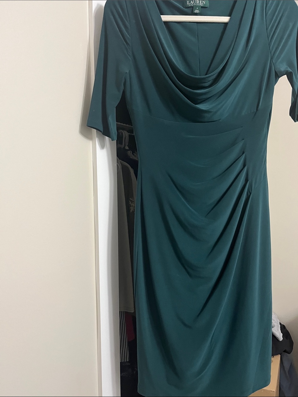 Lauren Ralph Lauren Teal Green Draped Cowl Midi Dress
